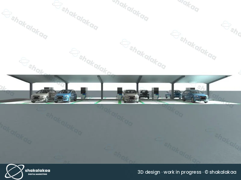 Front elevation of a modular canopy over a row of DC charging bays