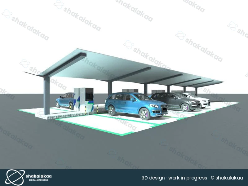 Three-quarter view of a charging canopy with charger units and marked bays