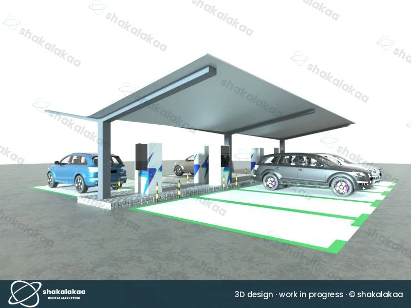 Canopy end detail with charger pedestals, bollards and green bay markings