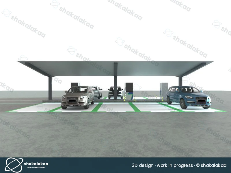 Front view of a four-bay charging layout under a canopy