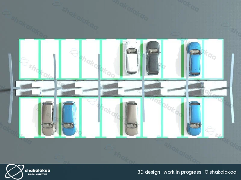 Plan view of a double-row charging hub with a central charger spine
