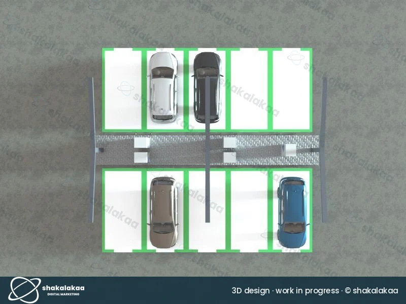 Plan view of a compact charging hub with bays either side of the chargers