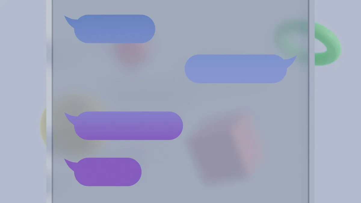 Four purple chat bubbles floating on a translucent screen with pale geometric shapes behind