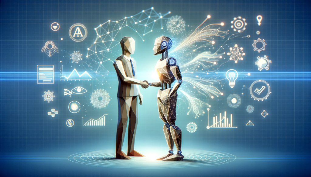 Low-poly-art-image-representing-the-innovative-fusion-of-Generative-AI-and-marketing-strategies.-The-image-depicts-a-humanoid-robot-shaking-hands-with-a-human