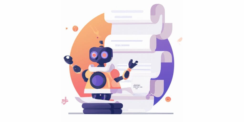 a robot and stack of papers in flat illustration style with gradients and white background_compressed ff36c4b0-3bee-4dff-b3f4-55c2d87746f0